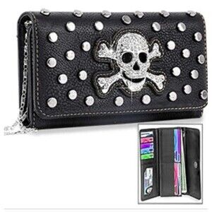 Skull Metal Head Studded Wallet w Chain Crossbody Strap